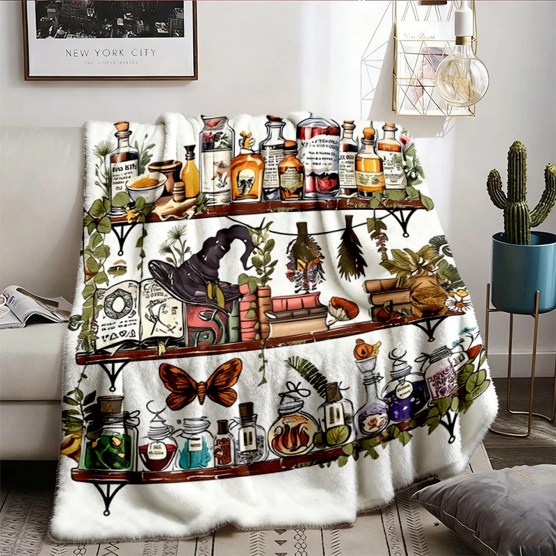 Witch Cupboard T, Flannel Blanket, Vintage Apothecary Herbs, Magical Mystical Design