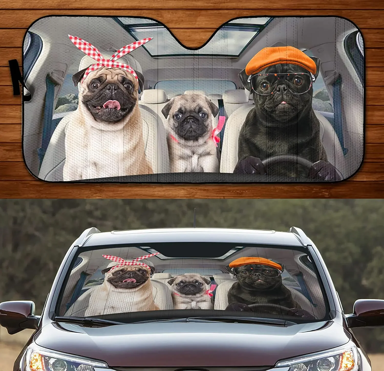 Pugs diadema de conducción, sombrero y gafas, familia de perros, parasol de coche de verano, cubierta de sol para ventana de coche, parabrisas de coche, visera duradera