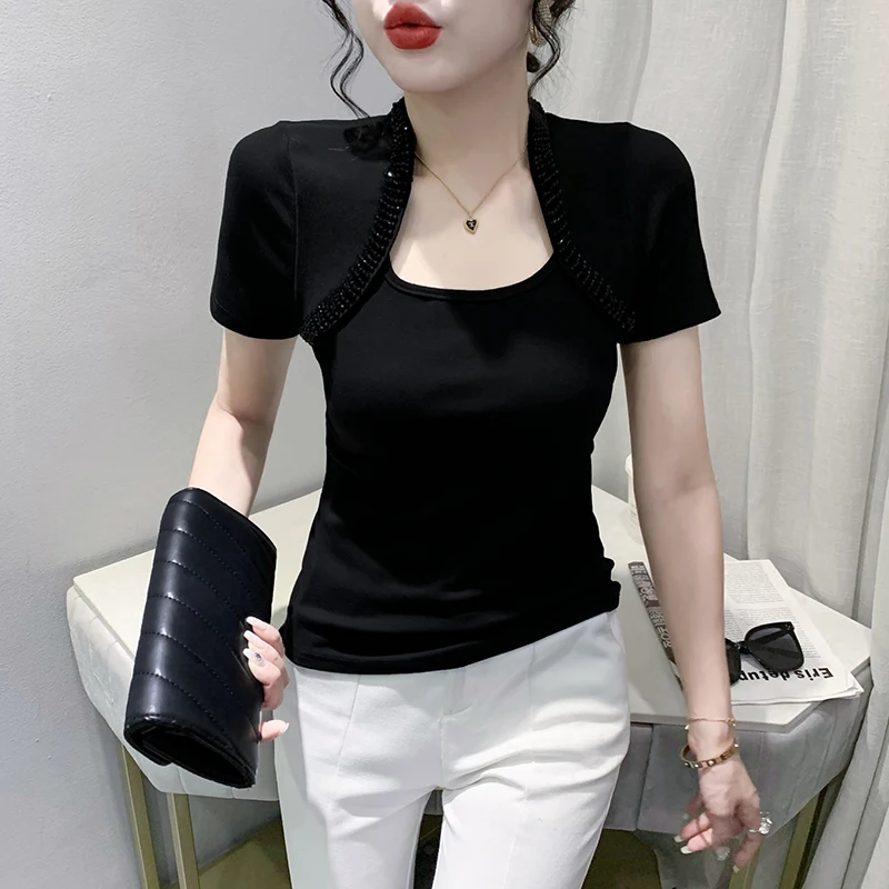 

Black Summer Korean Style Cotton T-Shirt Chic Sexy Square Neck Shiny Beading Tight Women's Tops Short Sleeve Tees 2024 New 44410