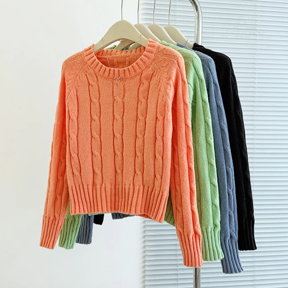 

Simple Solid Color Knitted Sweaters for Women Autumn Winter Round Neck Knit Twisted Short Pullover Basic Sweaters Tops