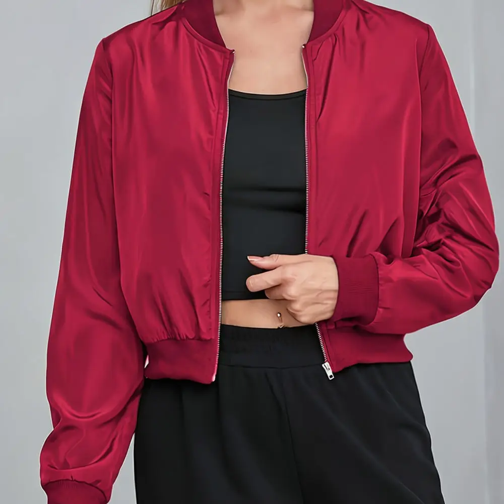 Womens Fashion Short Bomber Jacket Casual Zip Up Coat Stand Collar Long Sleeve Outerwear Spring Streetwear Clothing