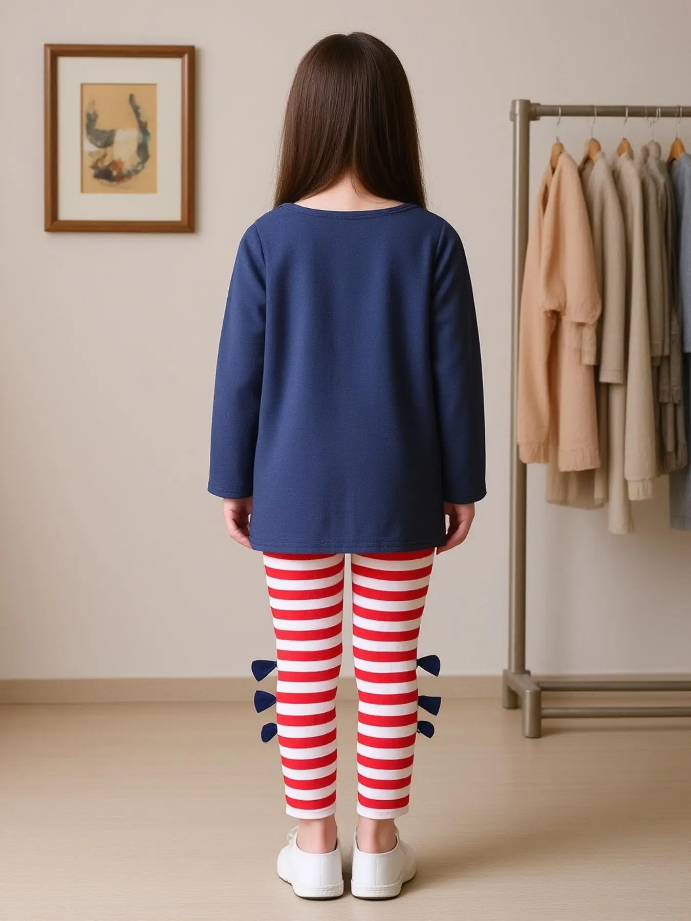 Mädchen-Outfit mit Schleifendekoration, Oberteil + Hose, 2-teilig, langärmliges, einfarbiges T-Shirt, Sweatshirt + gestreifte Leggings, Freizeitkleidung für Kinder, Frühlingsanzug – Detail 2