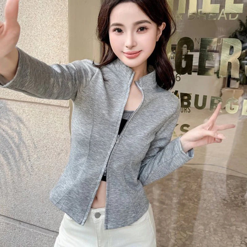 أنيقة سليم صالح سستة حتى السترات المرأة الكورية الأزياء الوقوف كولور كم طويل المحاصيل قمم امرأة الصلبة ضيق اليوغا معاطف قصيرة