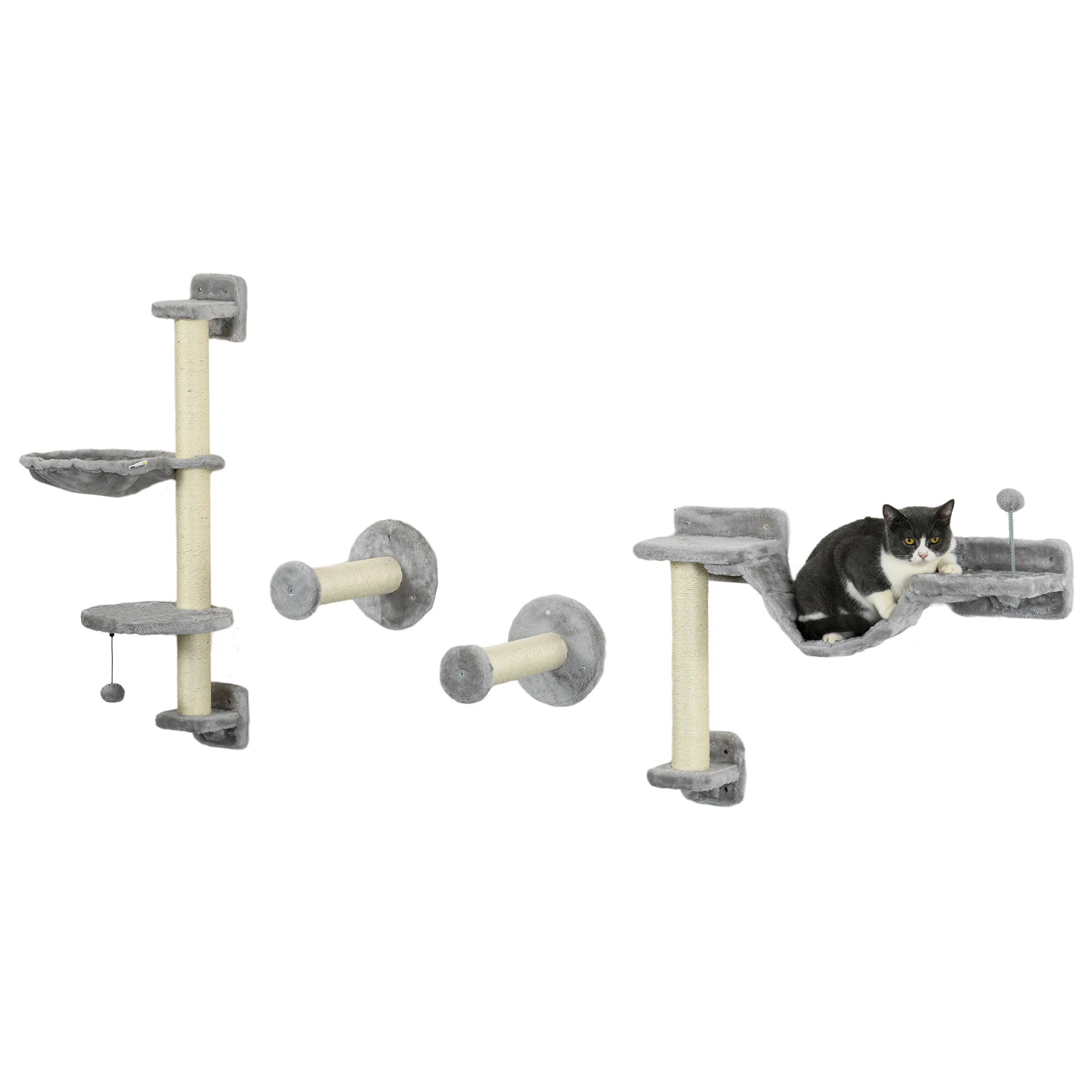 Pawhut Wall Climbing Rack for Cats with Gray and Beige Ball Hammock