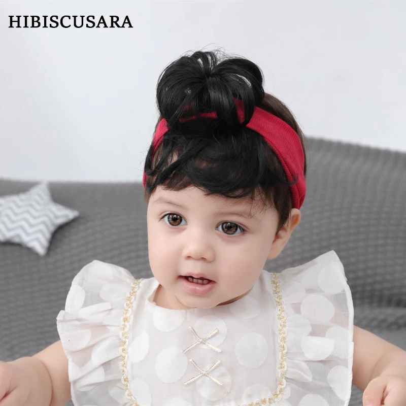 Baby Kids Hairband With Wigs Adorable Bun Elastic Headband Hair Piece Man Buns Topknot Girls Headband Stretch Black Hair