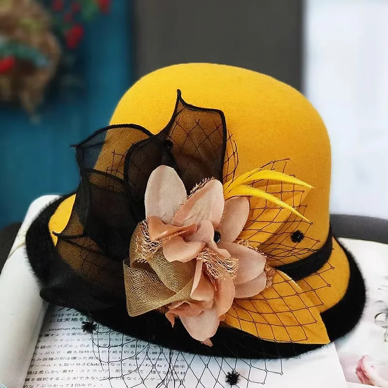 Elegant Lady Flower Sun Hat Women Wedding Tea Party Church Travel Cap Summer Organza Hat Clothing Accessory Vintage Warm