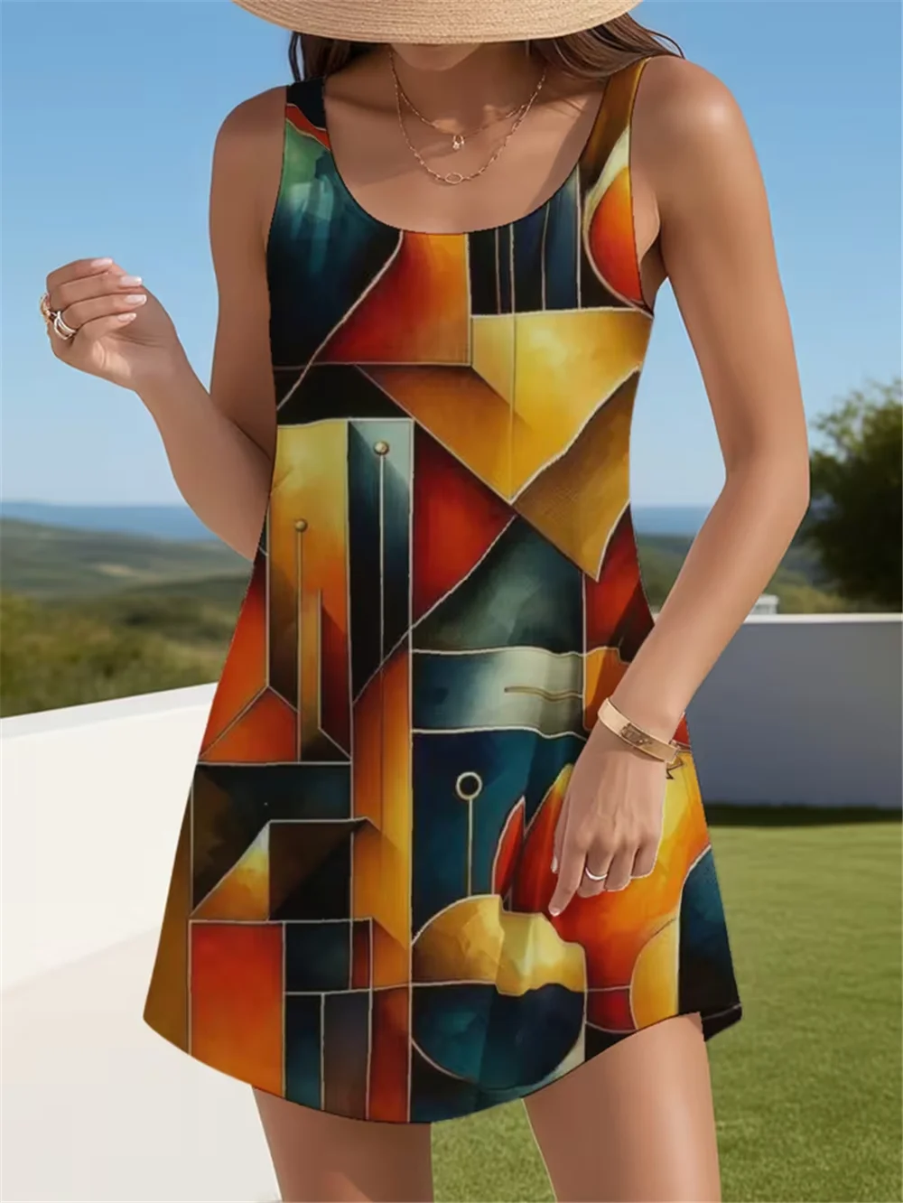 Ladies' fashionable casual geometric abstract design printed round neck sleeveless A-line loose summer dress 2026