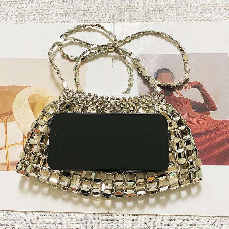 New metal bead women's bag, fashionable hollow out handmade woven open bag, ins style woven dumpling bag