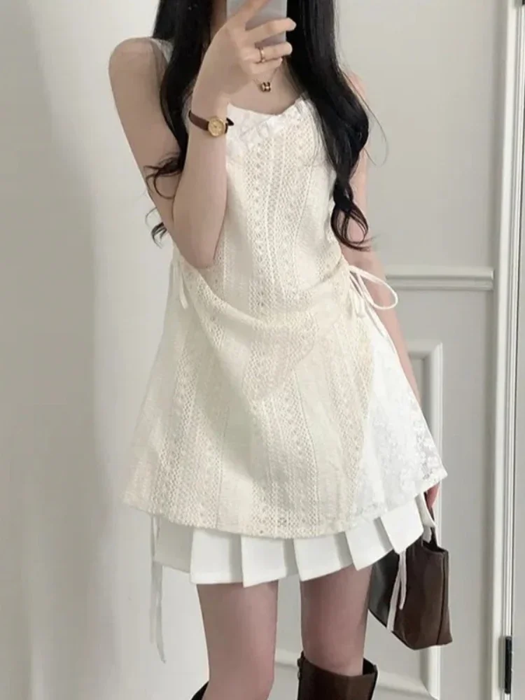 

Summer Elegant New One Piece Dress Women Chic French Lace Sling Shirt Stacked Female Korean Fashion Inner Wear Base Short Dress