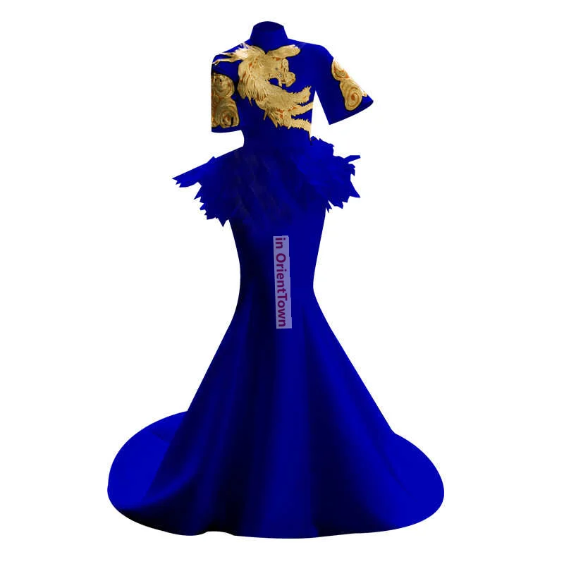 Chinese Style Blue Host Dress for Women Gorgeous Stage Performance Cheongsam in OrientTown Fashion Show Spring Autumn Long Dress