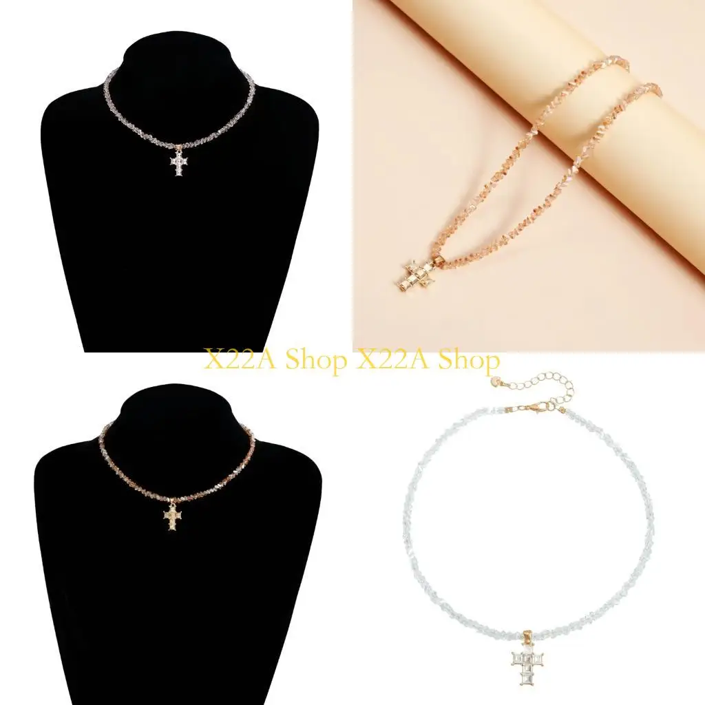 Unique Modern Triangular Crystal Beads Crucifix Pendant Necklace For Women Elegant Everyday Jewelry Lightweight Design