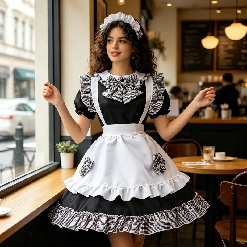 

Sweet Plaid Skirt 4-piece Set with Bow, Lolita Princess Style Apron and Hair Accessories, Suitable for Party Stage Performances