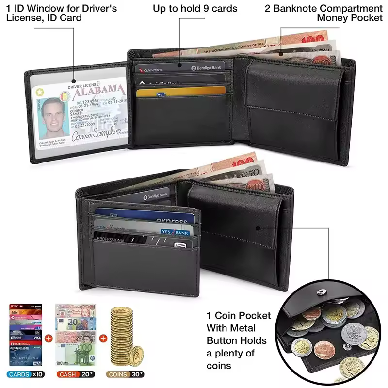 Wallets Mens Slim RFID Blocking with Coin Pocket  2 Banknote Compartments 10 Credit Card Holders Wallet for Men - Image 2