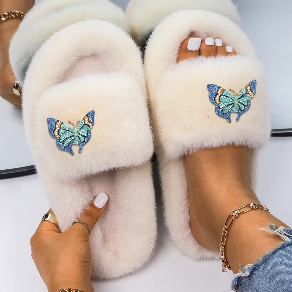 Furry Slippers Women Sandals Faux Fur Slides Platform Flip Flops Blue Butterfly Decor Fluffy Slippers Female Designer Shoes 2022