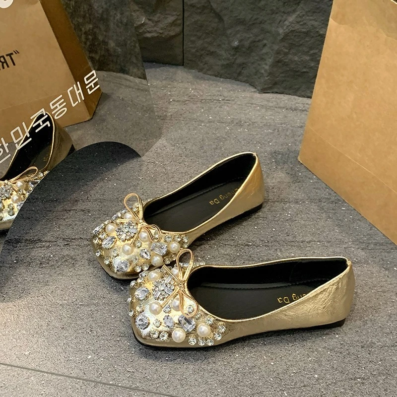 Plus Size Rhinestone Gold Wedding Shoes Bridal Shoes Comfortable Flat Square Toe Shoes for Women