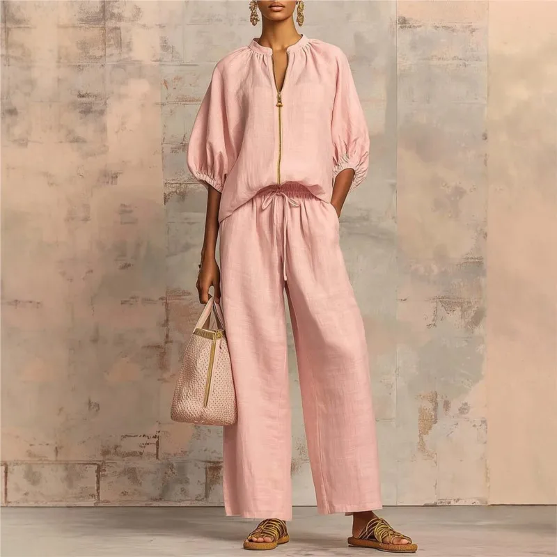

New Women's Fashionable Linen 2-Piece Zippered Round Neck Puff Sleeve Jacket and High Waisted Wide Leg Pants Set