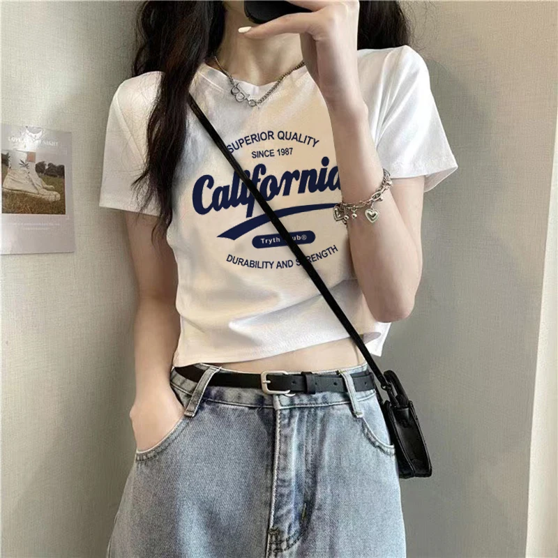 White Short sleeve T-shirt Women 2023 New All-Match American Print Ins Trendy Gyaru Short Design Pure Cotton Top