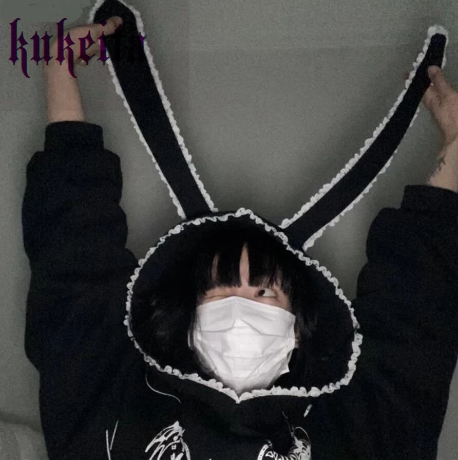 Harajuku Sweatshirt Gothic Lace Rabbit Ears Hoodies Y2k Aesthetic Women Black Punk Hoodies Spring Autumn Mujer Streetwear