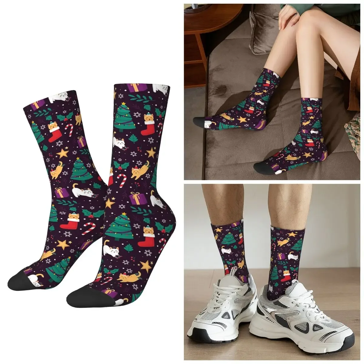 

All Seasons Cute Cats Christmas Tree Pattern Socks Sport Middle Tube Socks Funny Stockings for Men Women Valentine's Day Gifts