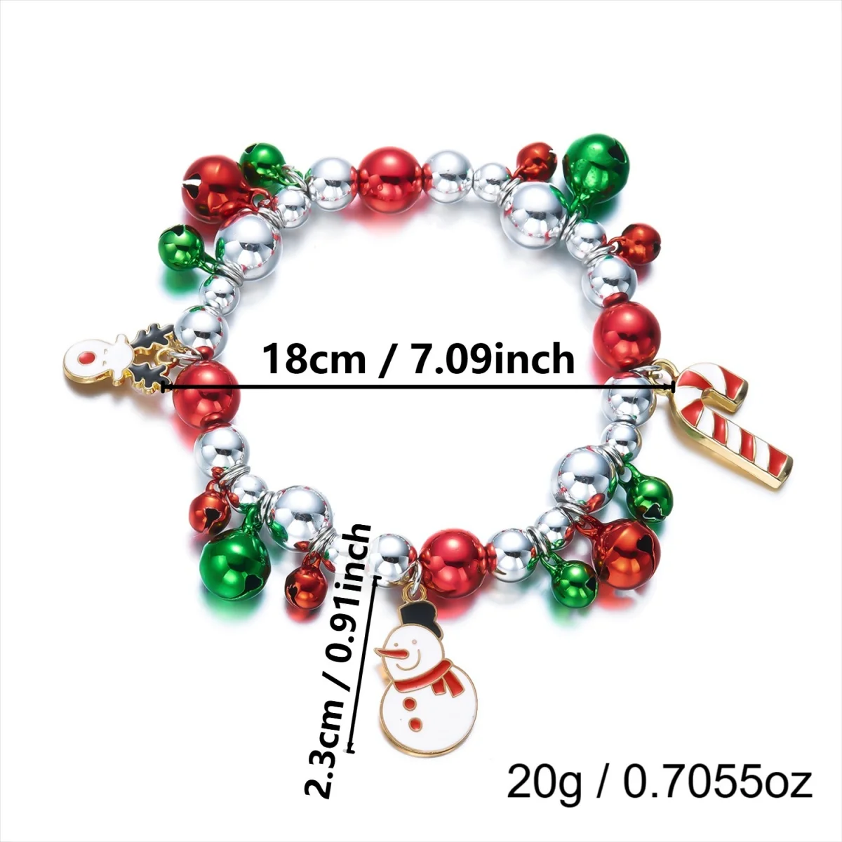 Weihnachtsbaum-Schneemann-Zuckerstangen-CCB-Perlenarmbänder für Damen, rot-grün, mit Glöckchen, Rentier, elastischer Armreif, Neujahrs-Schmuck – Detail 3