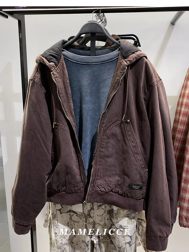 

MAMELICCE Оригинальный дизайн, хлопковая свободная куртка с капюшоном из стираного хлопка, короткая мужская одежда, куртки, топы