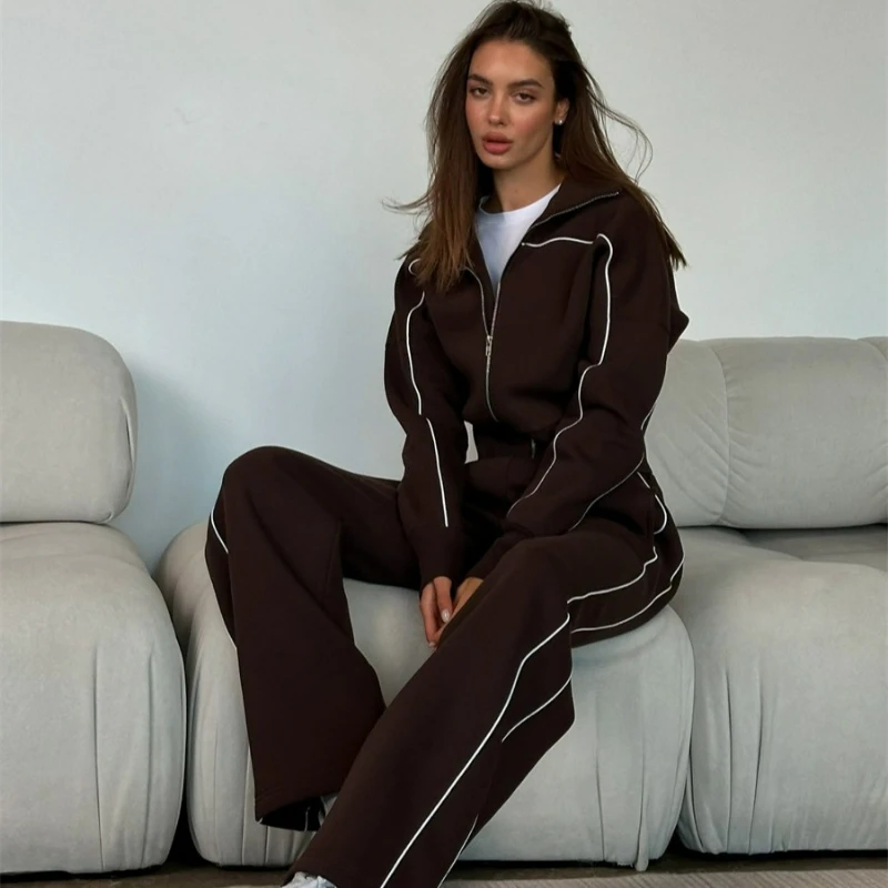 Long-sleeved Zipper Cardigan Loose Striped Sweatshirt Elastic Wide-leg Pants Two-piece Set for Women Autumn Fashion Casual Set