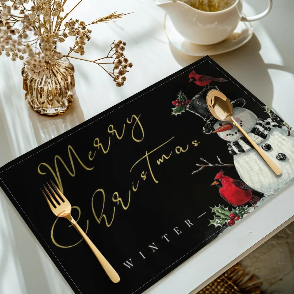 Elegant Golden Merry Christmas Script With Snowman And Cardinal Bird Linen Placemat Holiday Dinner Table Runner