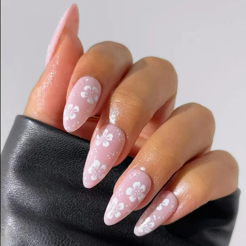 

24Pcs Mid-length Round Head Press on Nails Simple White Flower Design Full Cover Fake Nails Tips Reusable Artificial False Nails