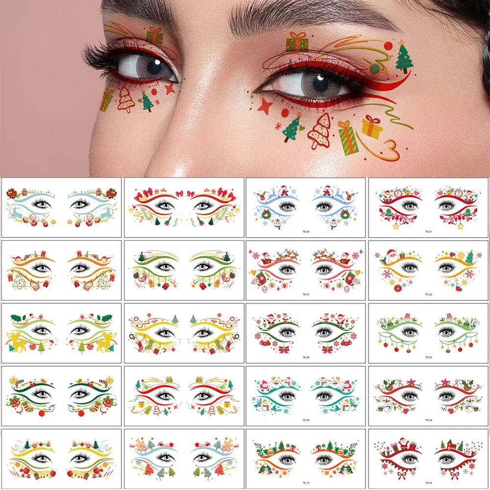 

10pcs/Set Christmas Eye Tattoo Stickers Santa Claus Gifts Socks Snowflake Pattern Temporary Tattoos for Christmas Face Makeup