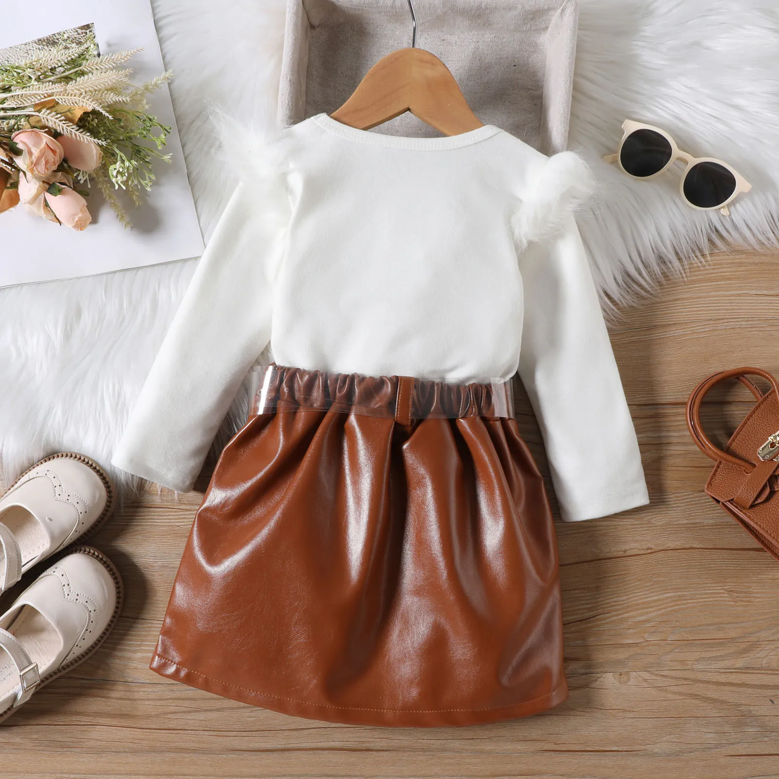 Kids Girls Autumn Clothes Set Solid Color Feather Trim Long Sleeve Knit Top+PU Leather Belted Skirt Children Outfit 1 2 3 4 5 6Y