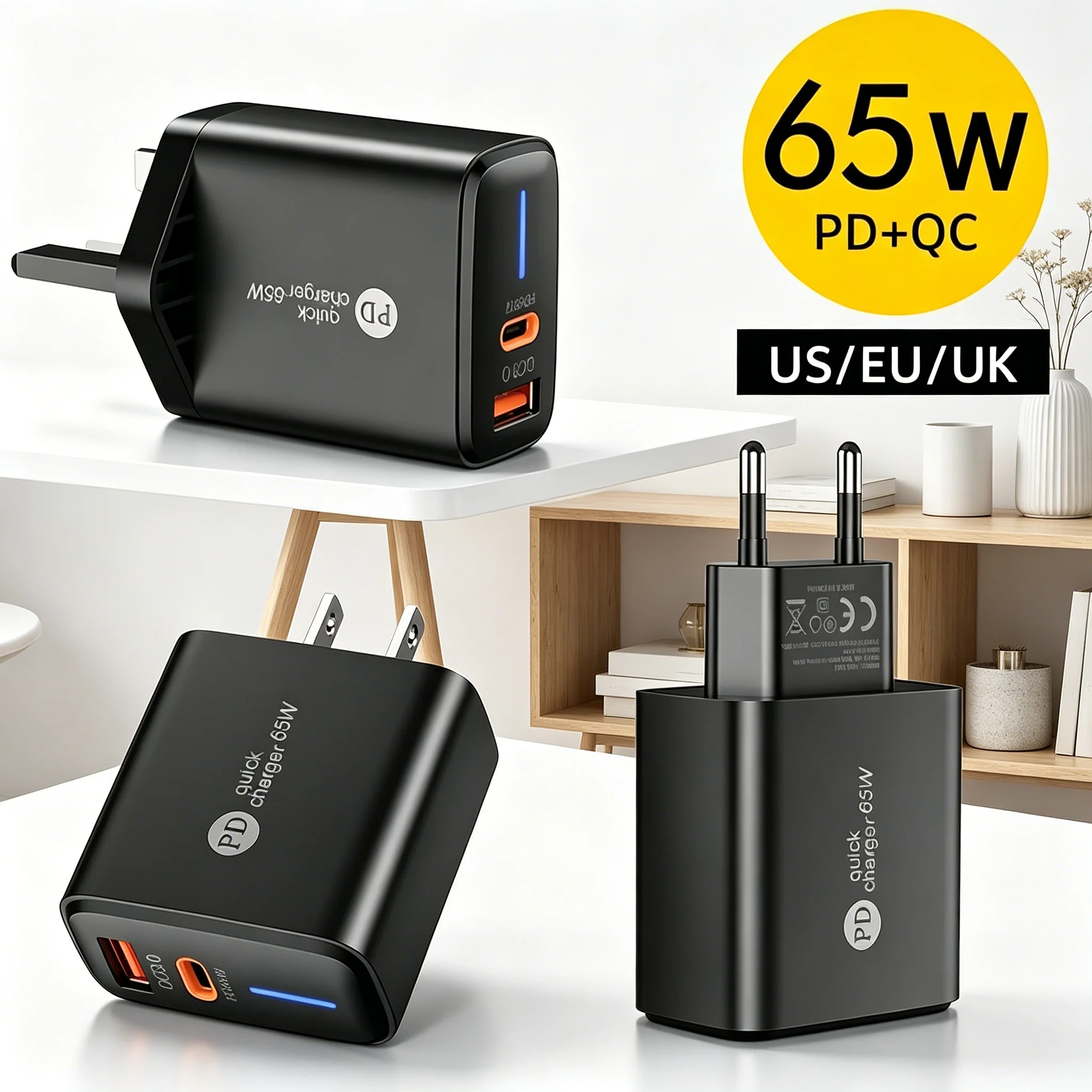 USB Charger 65W PD Fast Charging Mobile Phone Wall Charger Quick Charge3.0 Power Adapter For iPhone Samsung Xiaomi EU/US/UK Plug