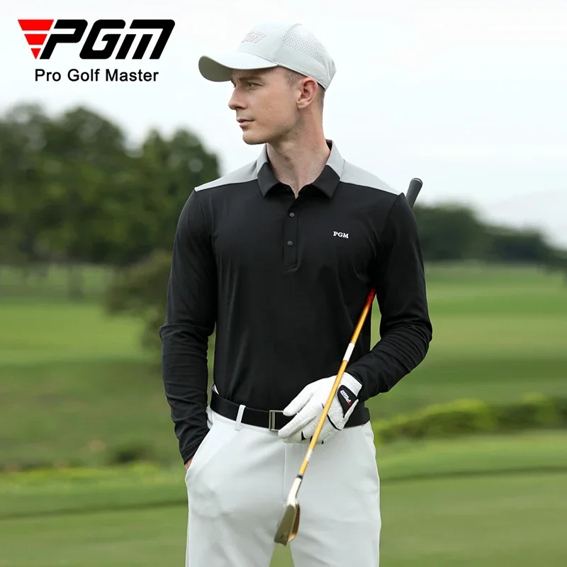 PGM Men Elastic Anti-sweat Golf T-shirt Male Lapel Leisure Shirt Patchwork Long Sleeve Golf Tops Autumn Casual Fitness Apparel