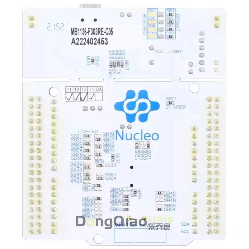 The off-the-shelf NUCLEO-F303RE uses the STM32F303RET6 microcontroller STM32 Nucleo-64 development board