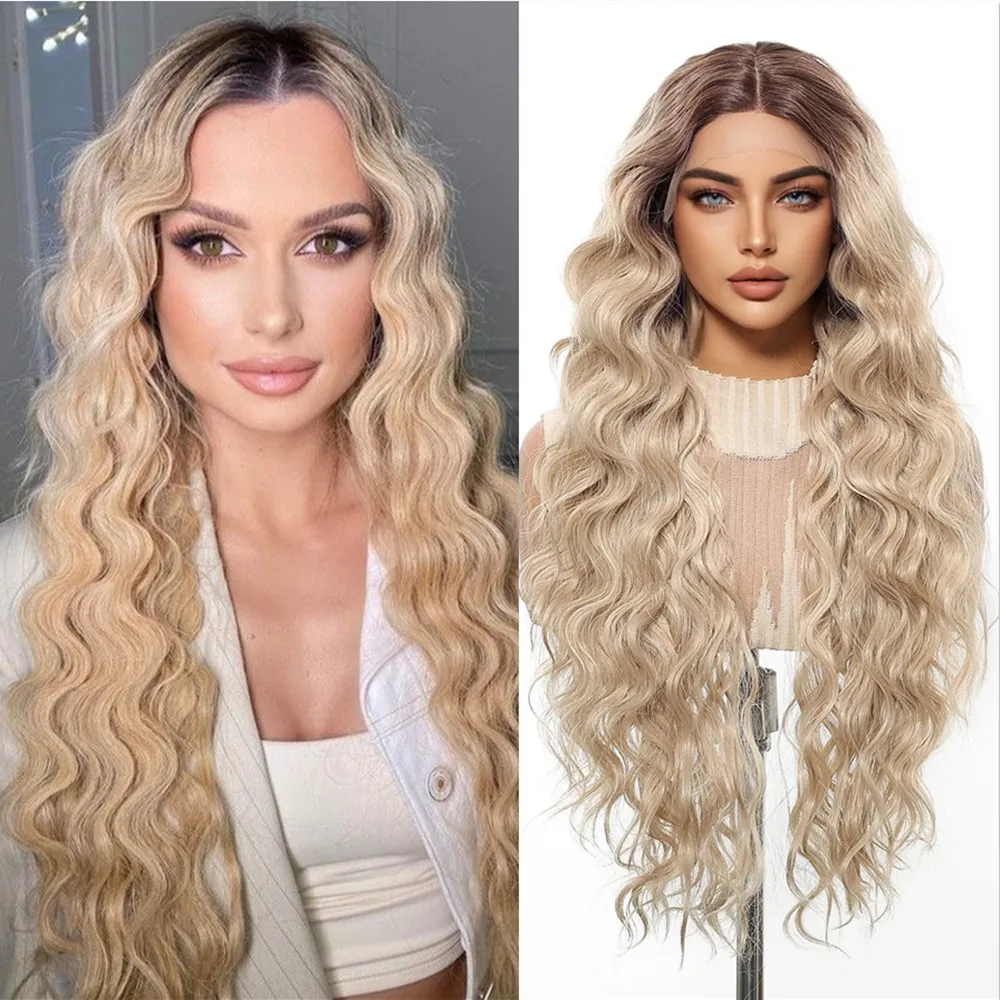 

13*1 синтетические парики спереди для женщин, длинный парик блондинки с эффектом омбре, вьющиеся волнистые волосы, высокотемпературный повседневный парик из волокна для вечеринок