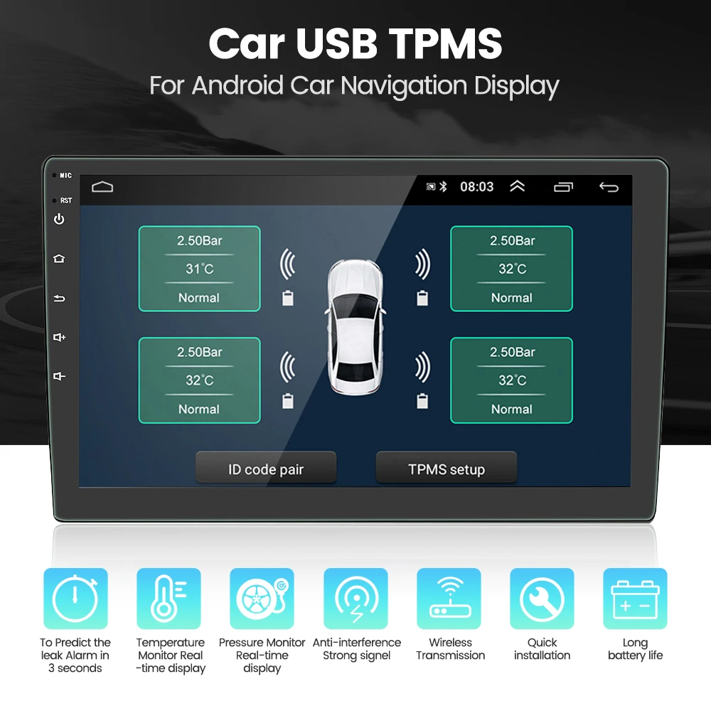 USB TPMS for Android Car Stereo Radio 4-Sensor Wireless Vehicle Auto Tire Pressure Monitoring Temperature Alarm System