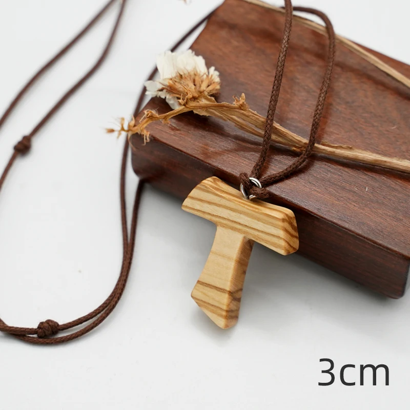 Religion Olive Wood Tau Cross 4/3/2.5CM Pendant with Rope Couple Necklace Religious Jewelry Christian Wooden Necklace for Women