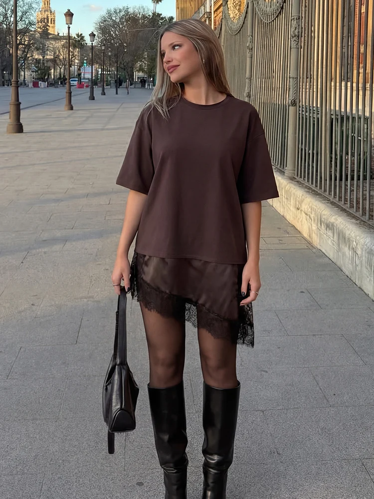 HH Damen Frühling Casual Spitzen-Patchwork T-Shirt 2026 Elegantes O-Ausschnitt Kurzarm Asymmetrischer Saum Top Damen Sommer Langes T-Shirt