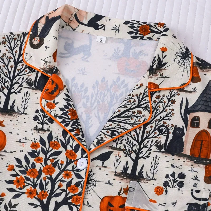 Casual Loose-Fit Women's Halloween Print Short-Sleeved Lapel Pajama Set, Perfect for Lounging or Outdoor Wear