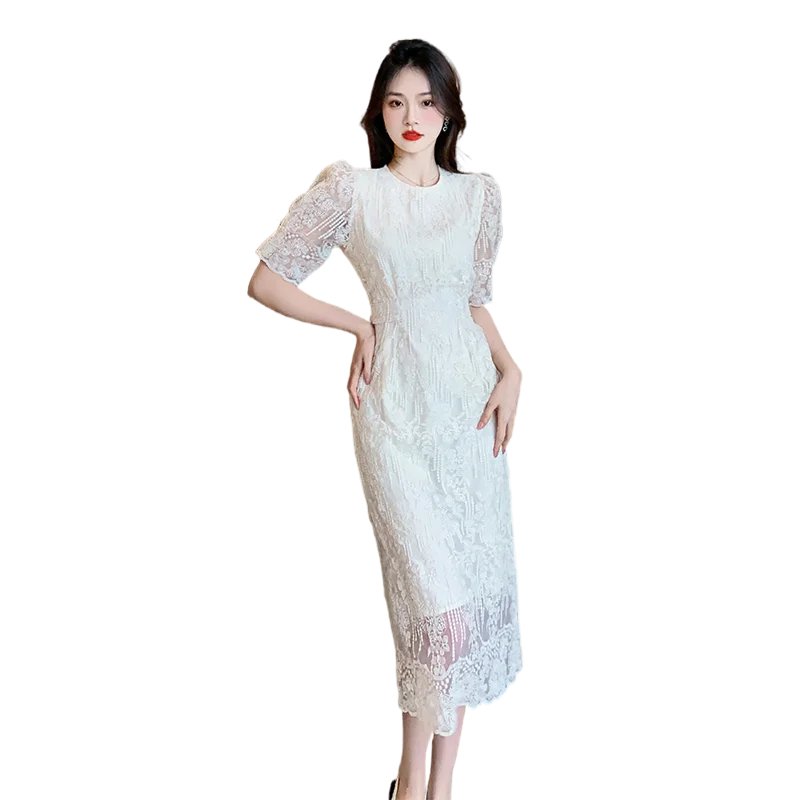 French Lace Midi Dresses for Women 2023 Summer New Elegant Party Female Clothes Sweet Vintage Short Sleeves Korean Evening Dress