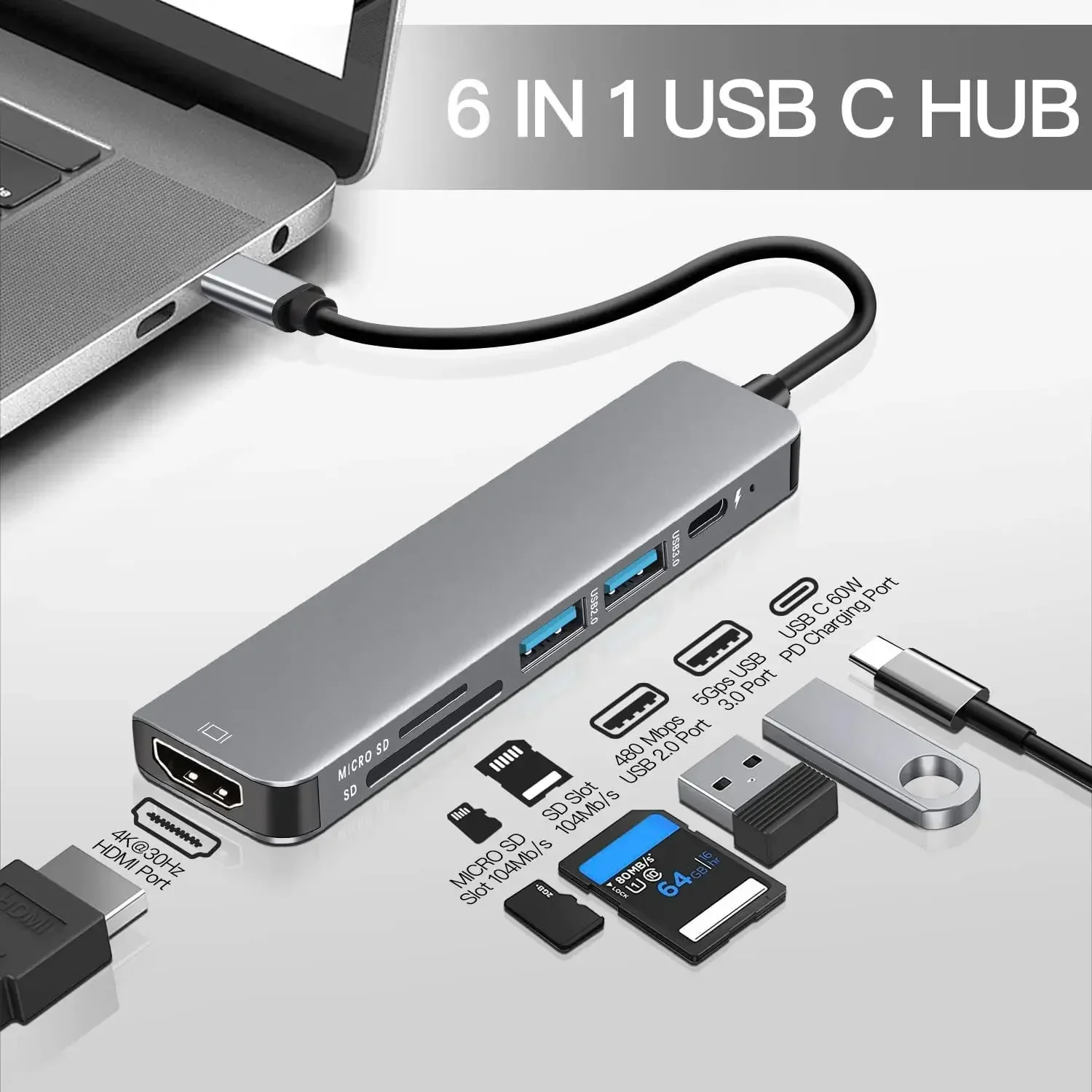 

6-in-1 USB-C Hub Adapter HDTV-compatible USB3.0 USB-C Docking Station 100W PD Charging SD Reader Witch Splitter for