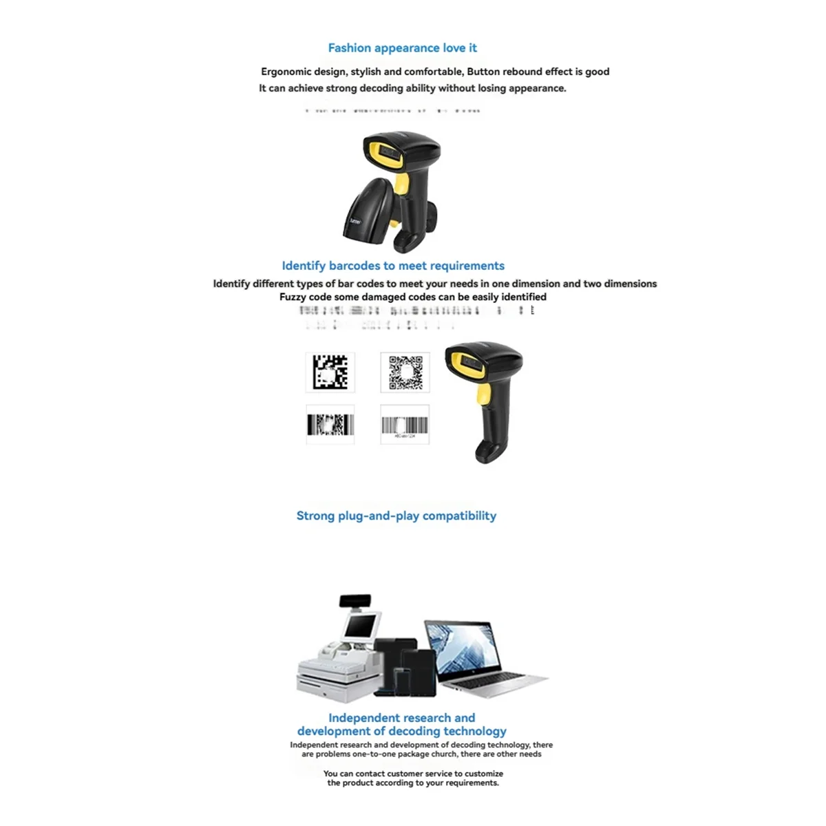 High-quality PC accessories in Stock Handheld Wireless 1D 2D Scanner Barcode Scanne Wireless Bluetooth 1D