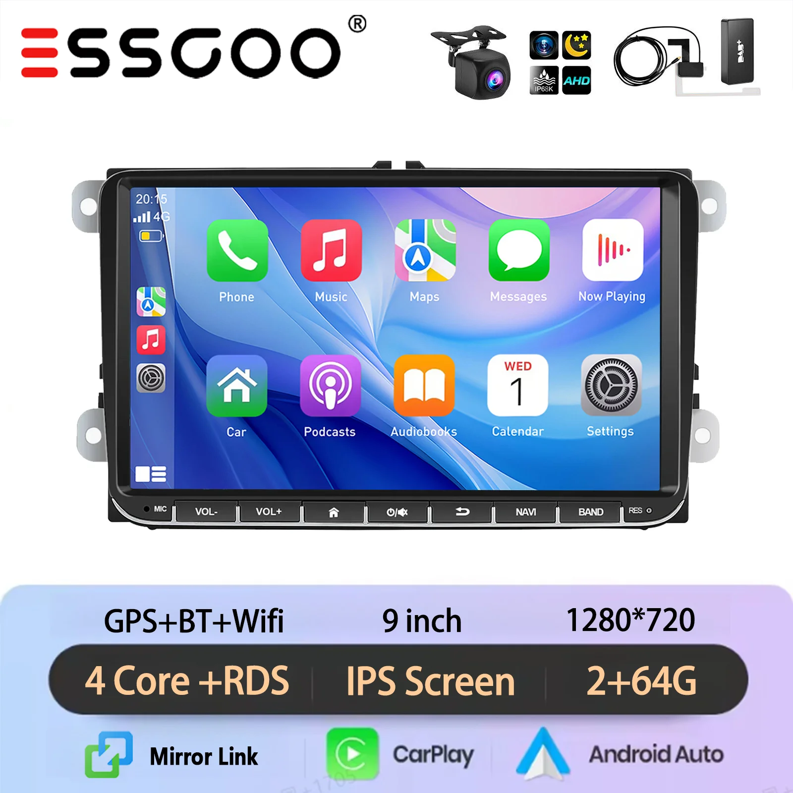 ESSGOO 9 inch Android 15 64GB autoradio voor VW Golf MK5 6 Passat Polo Touran Caddy EOS Jetta Seat Skoda met draadloze Carplay GPS navigatie BT