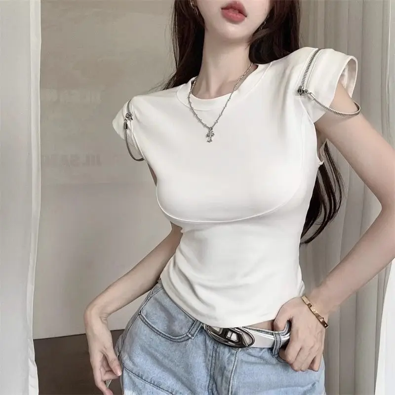 

Women Summer Fashion Slim Appear Thin Zipper Solid Color O-neck Short Sleeve T-Shirt Ladies Simplicity All-match Casual Tops