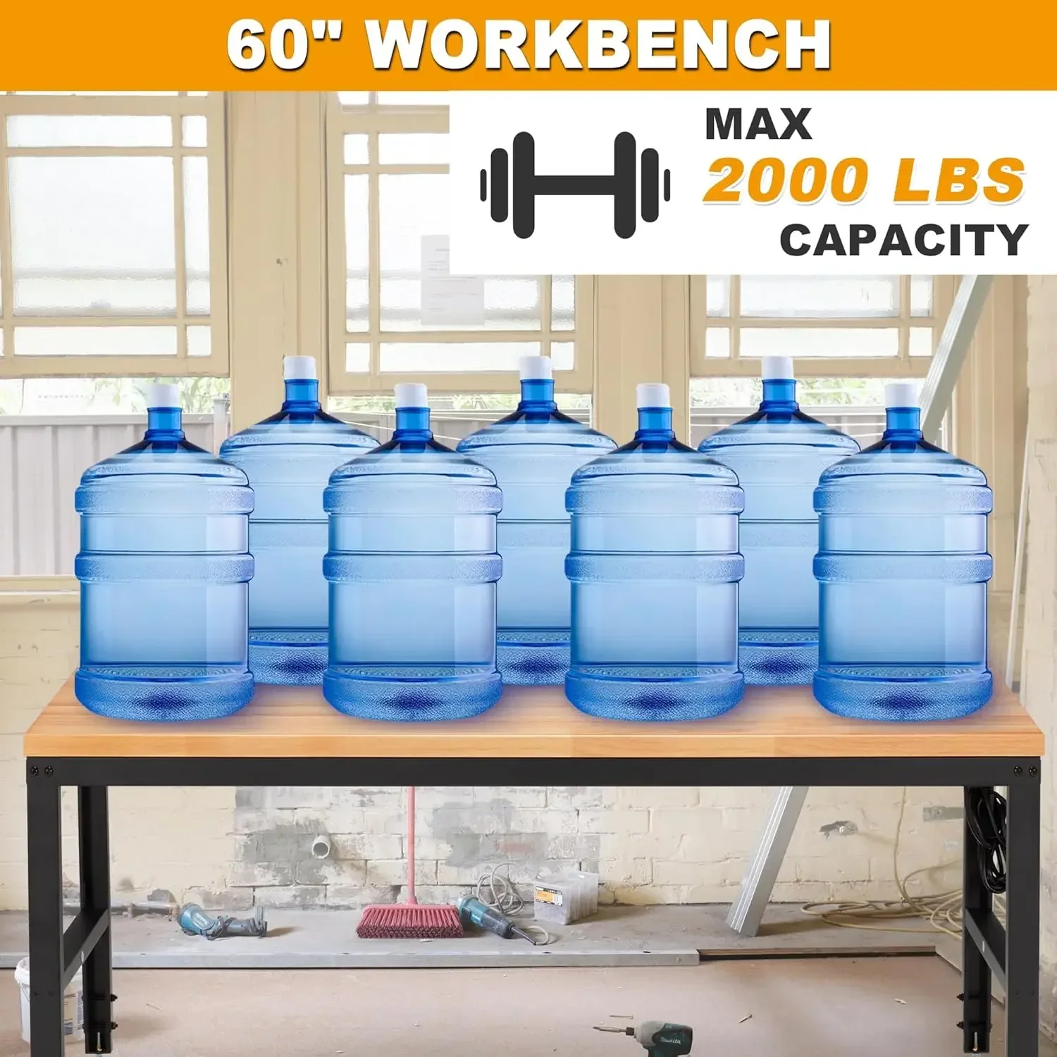 ارتفاع قابل للتخصيص قابل للتعديل منضدة 60 "2000 رطل قدرة محطة عمل من الخشب الصلب طاولات عمل شديدة التحمل مع منافذ طاقة