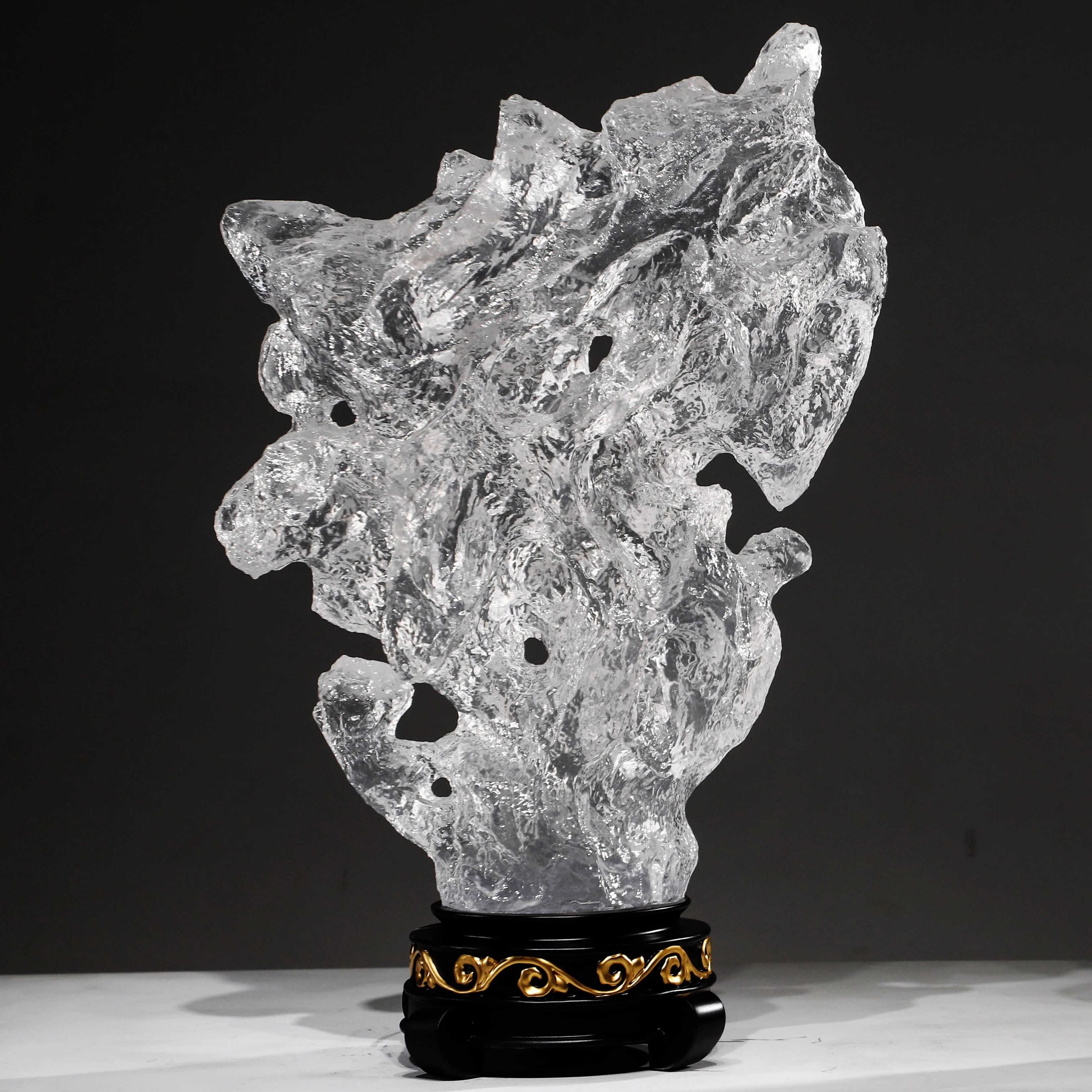 %R   MODERN ABSTRACT CLEAR LIGHT BLUE RESIN SCULPTURE WITH MARBLE BASE OFFICE DECOR ACCESSORY！