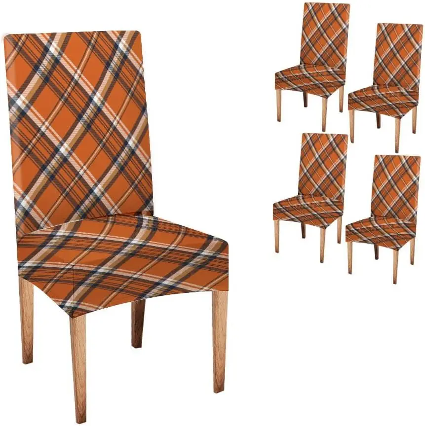 Orange Check Plaid Stretch Dining Chair Cover 1Pc, Removable Slipcover Anti-dust Seat Protector for Kitchen Party
