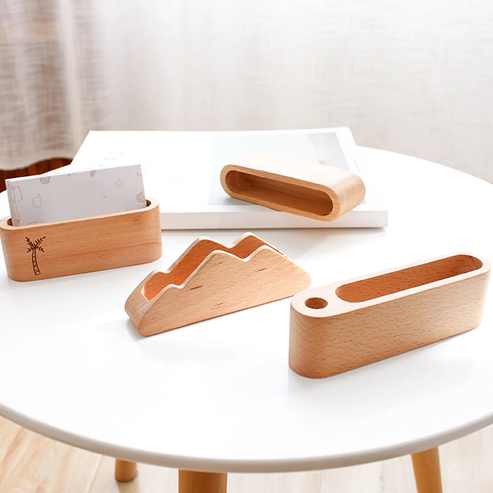1Pcs Business Cards Holder Solid Wood Desktop Name Cards Stand Pen Holder Hole Multi Use Office Organizer Wooden