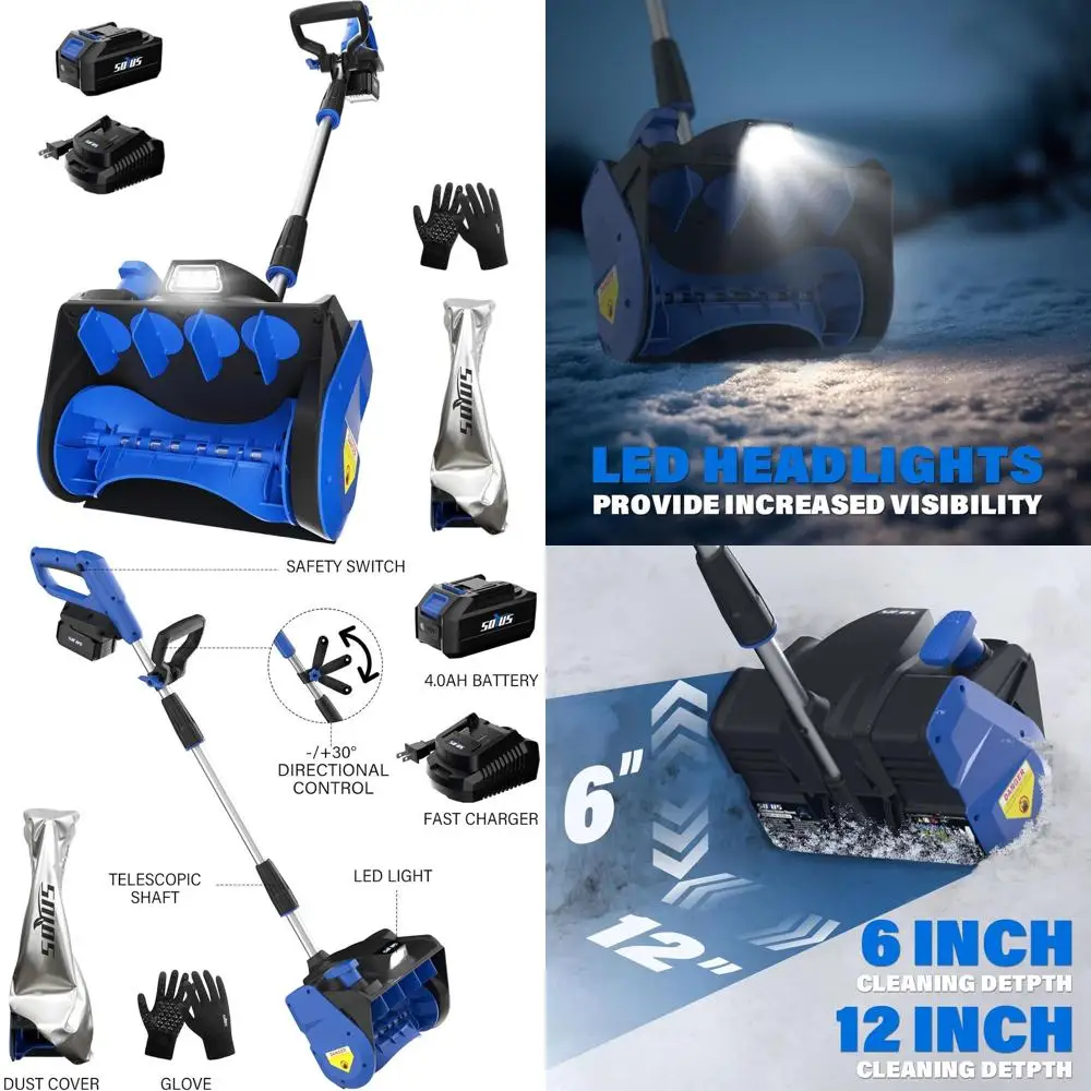 

12-Inch 20V Cordless Electric Snow Blower with LED Light, Directional Plate, 1x4.0Ah Battery, Charger, and Cover