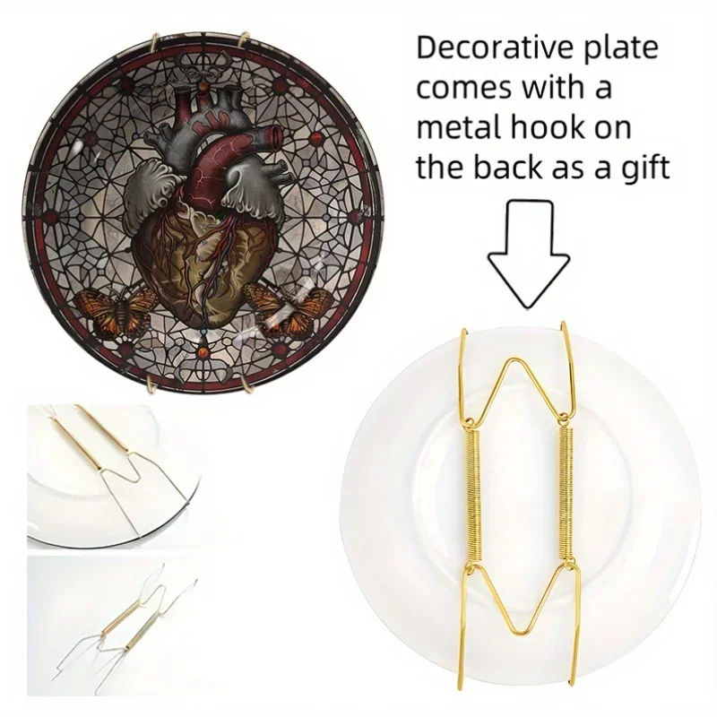 1pc Elegant Stained Glass-Style Ceramic Plate with Heart & Butterfly - Round Non-Plate (Non-Food Contact) Decorative
