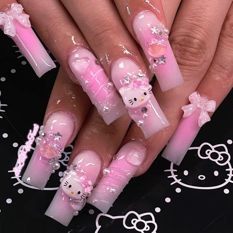 

HelloKitty Press on False Nail Sanrio Accessories Y2k Kawaii Cartoon Design Fake Nails Long Detachable Manicure Girls Gift